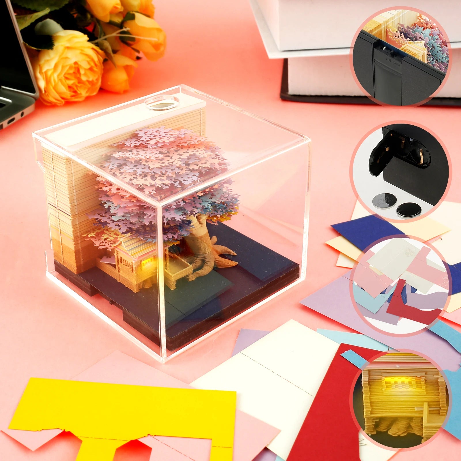 3D Memo Pad Paper Carving Notes 2024 Calendar Memo Pad with LED Light Tear-Away Paper Memo Pad Note Cards Birthday Gift Kids