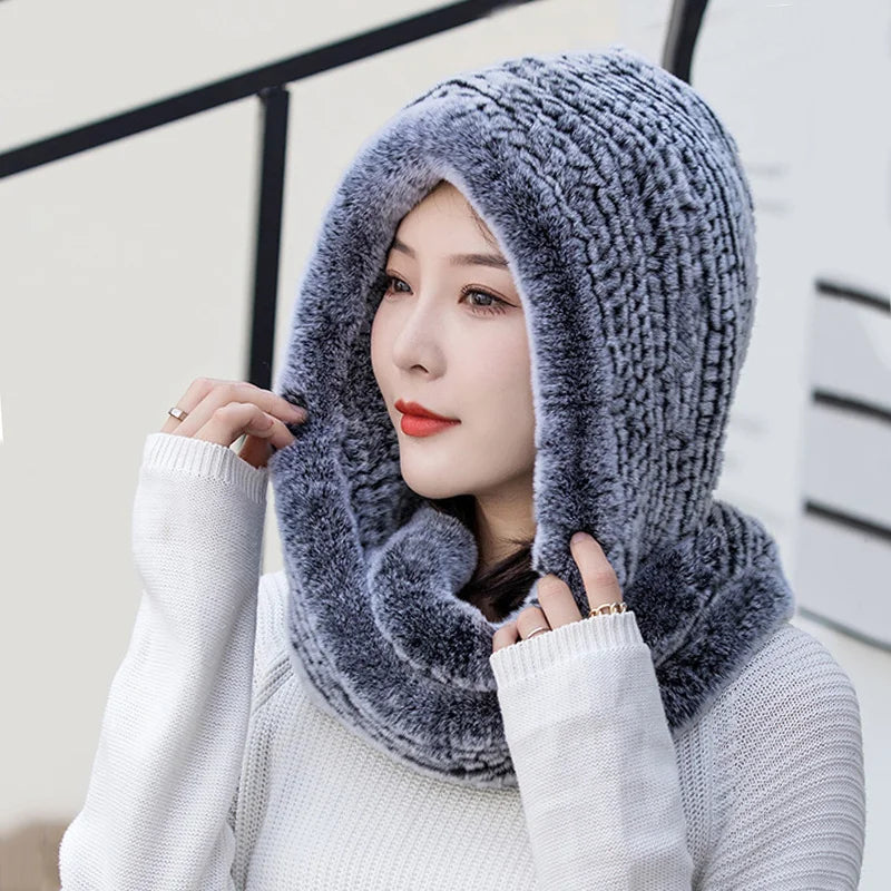 Hot Sale New Women Real Knitted Rex Rabbit Fur Hat Hooded Scarf Long Winter Warm Fur Hat With Neck Collar Scarves Hat Scarf