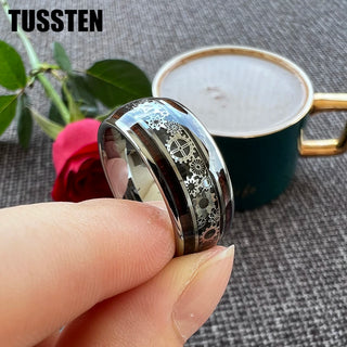 TUSSTEN 10MM Men Women Gear Ring Cool Tungsten Wedding Band Domed Finish With Wood Inlay Comfort Fit