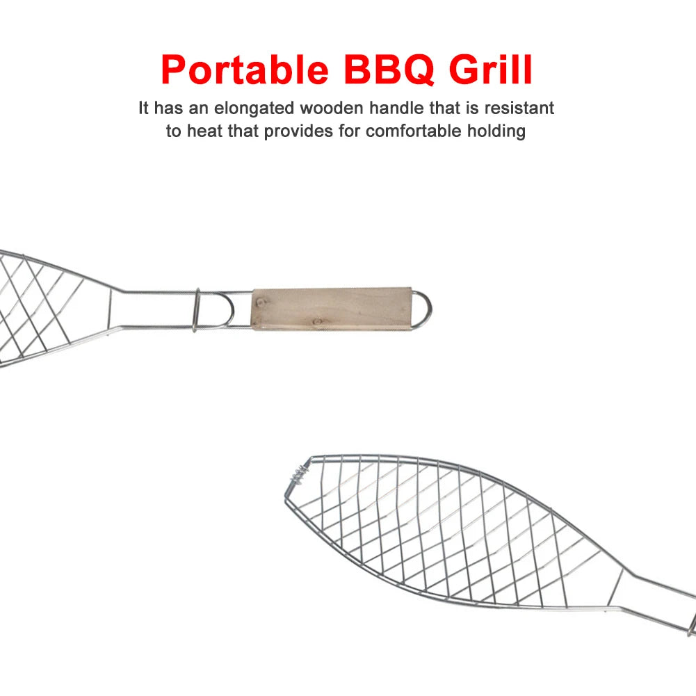 Barbecue Fish Grill Basket Stainless Steel Wired Grill with Wooden Handle BBQ Outdoor Kitchen Tools Portable Grilling Cookware