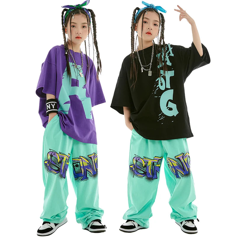 2023 Summer Kids Loose Cotton T-Shirt Pants Boys Hip Hop Outfit Modern Jazz Dance Costume Girls Kpop Performance Wear BL10366