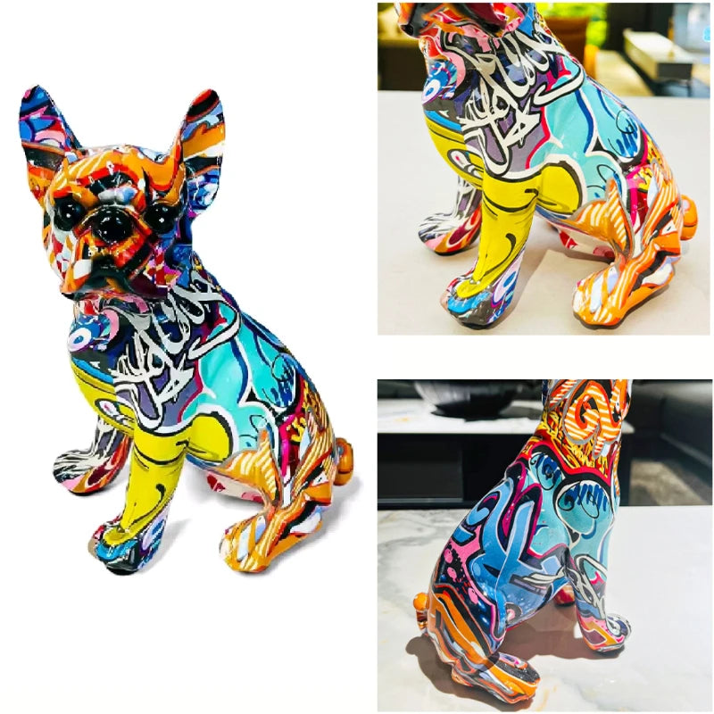 Colorful French bulldog statue, splash art animal crafts, suitable for living room, office desk, bookshelf decoration items.