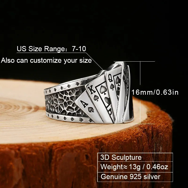 Poker Ring Solid 925 Silver Rock Punk Rings For Men Women Black Signet Jewelry Adjustable Rings Size 7 To 10 Can Cutomize Size