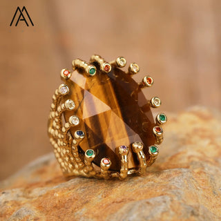 Luxury Rings Natural Gemstone Healing Crystal Colourful Zircon Bead Statement Ring Gold Jewelry