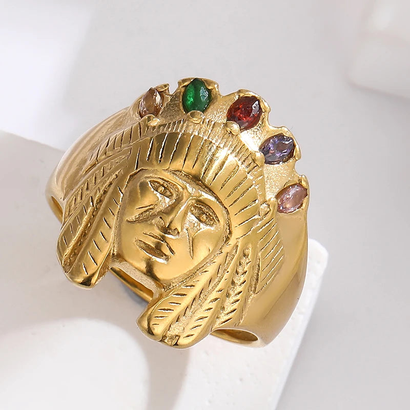 Stainless Steel High Polished Punk Gold Plated Indian Ring Men