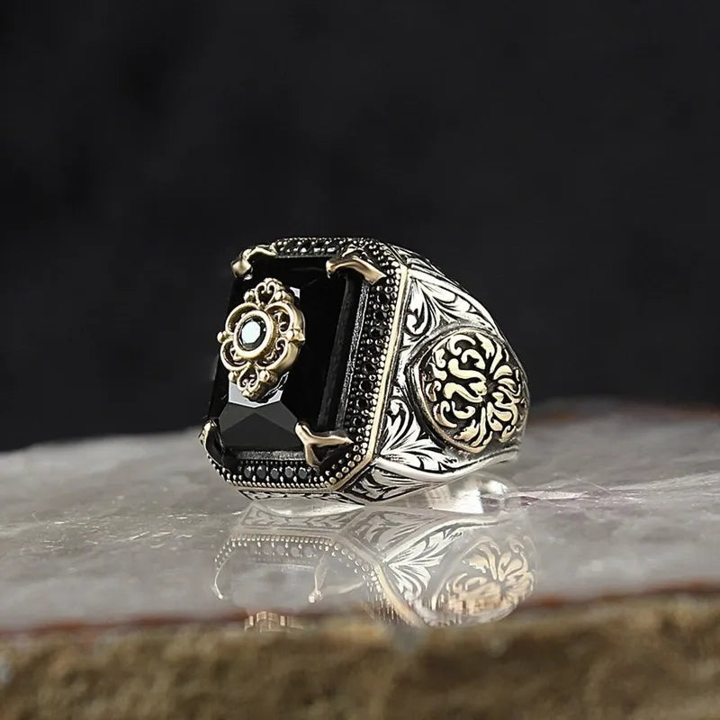 Vintage Turkish Signet Ring For Men Women Antique Silver Color Carved Eagle Ring Inlaid Green Zircon locomotive Punk Ring