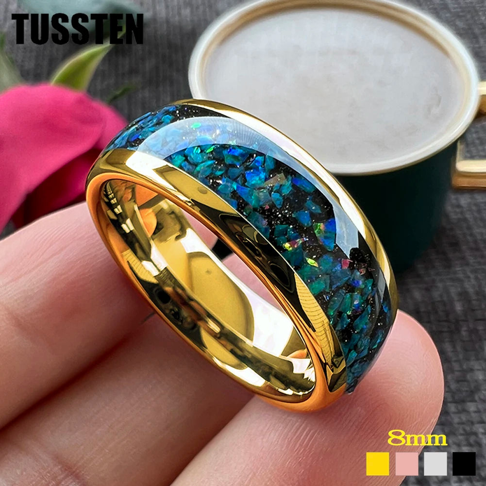 TUSSTEN 8MM So Beautiful Galaxy Opal Ring Tungsten Engagement Wedding Band For Men Women Comfort Fit