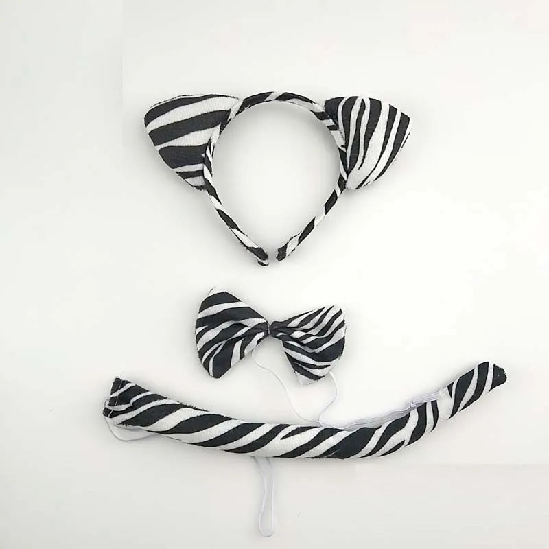 Adults Kids Plush Cartoon Animal Zebra Ear Headband Hairband Tail Bow Birthday Party Gift  Cosplay Costume  Christmas Halloween