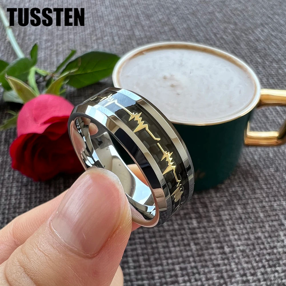 TUSSTEN 8MM Heart Love Ring Tungsten Wedding Band For Men Women With Black Carbon Fiber Inlay Comfort Fit