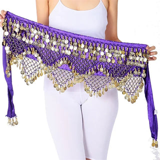 Women Gold Coins Belly Dance Waist Belt Shiny Belly Dancing Hip Scarf Velvet Indian Dance Costume Oriental Hip Scarf Wrap Skirt