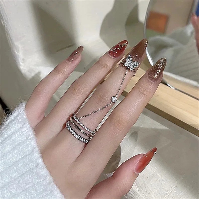 Personality Double Finger Chain Rings for Women Ring Set Tassel Butterfly Cross Punk Rings Ladies Fashion Hip Hop Jewelry Gifts