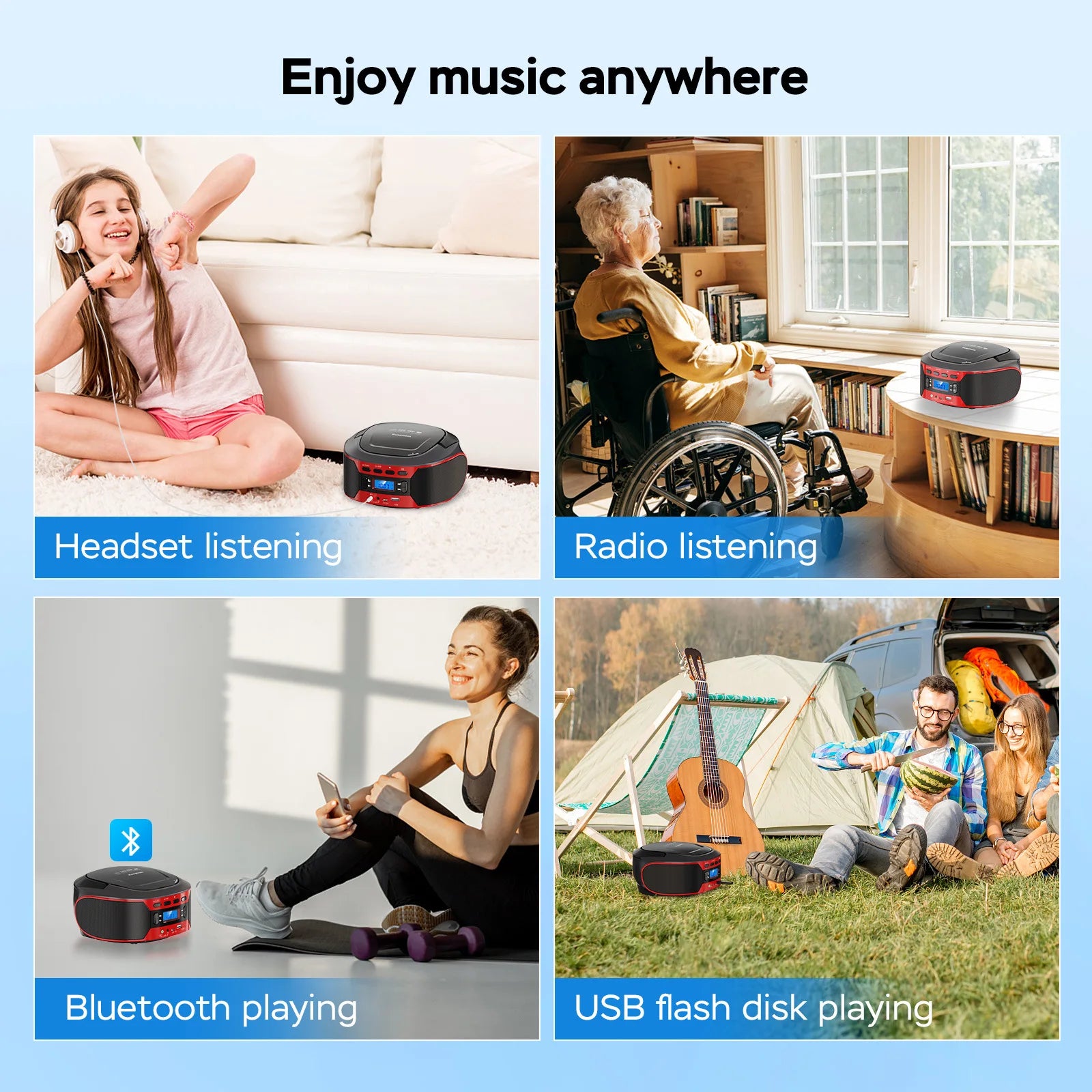 Wireless Bluetooth Portable Speaker Cd Walkman Multifunctional FM Stereo Radio with USB and CD Player FM Hand-operated Boombox