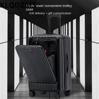 KLQDZMS 20 24 26 Inch Front Zippered Suitcase Portable Standing Trolley Cup Holder USB Charging Port Travel Boarding Luggage