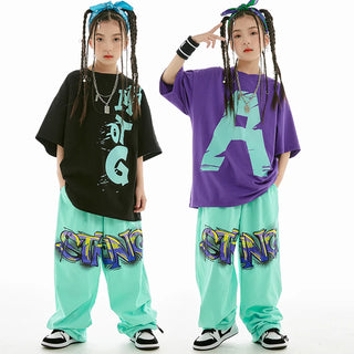 2023 Summer Kids Loose Cotton T-Shirt Pants Boys Hip Hop Outfit Modern Jazz Dance Costume Girls Kpop Performance Wear BL10366