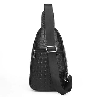 SCHLATUM  100% Cowhide Leather Men Crocodile Grain Fashion Black Multifunctional Leather Chest Bag