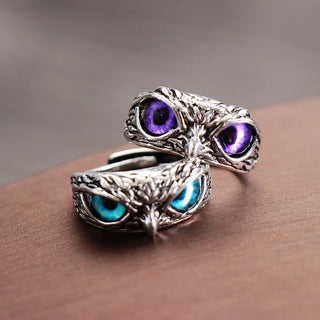 New Vintage Owl Rings For Women Men Design Multicolor Cat Eye Finger Rings Silver Color Adjustable Opening Animal Couple Jewelry