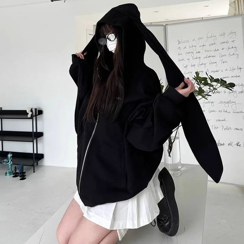 2023 Autumn Kawaii Bunny Big Extra Ears Hoodie Long Sleeve Hooded Sweatshirt Y2K Style Fashion Rabbit Oversized Zip-up Hoodies