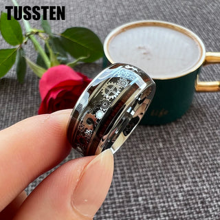 TUSSTEN 10MM Men Women Gear Ring Cool Tungsten Wedding Band Domed Finish With Wood Inlay Comfort Fit