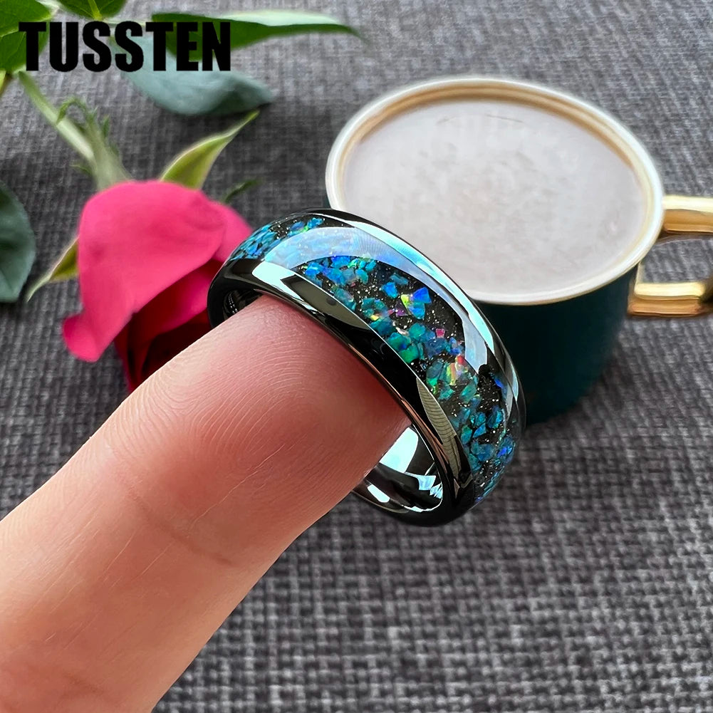 TUSSTEN 8MM So Beautiful Galaxy Opal Ring Tungsten Engagement Wedding Band For Men Women Comfort Fit