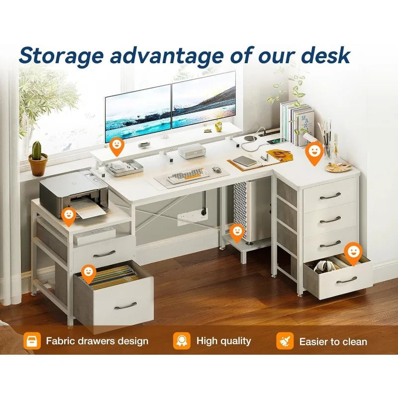 KKL L Shaped Computer Desk , 72 Inch Home Office Desk with Printer Cabinet & Monitor Shelf & Host Storage Shelves