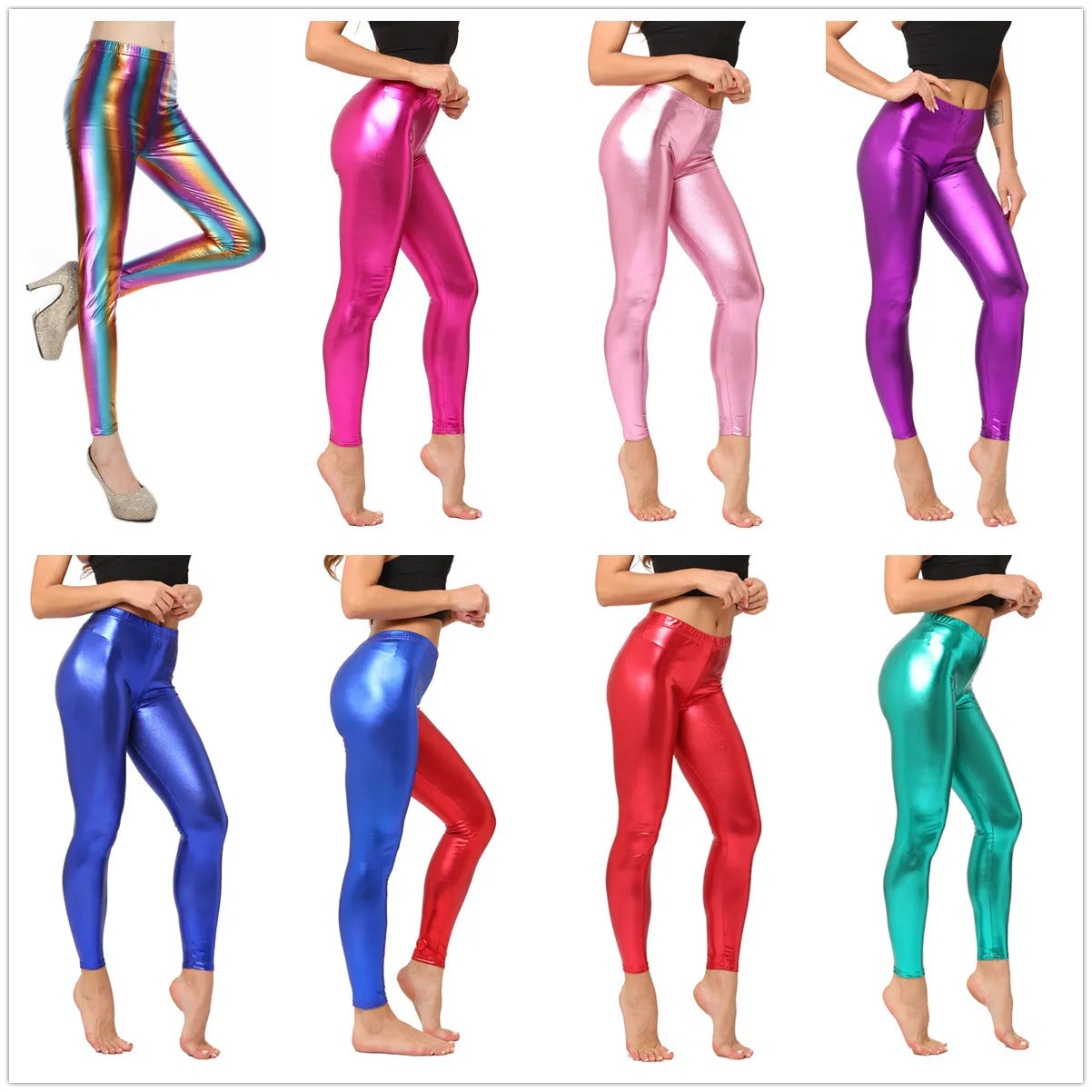 Metallic Color PU Leggings Women Faux Leather Pants Dancing Party Pant Sexy Night Club Skinny Costume Pants Tight Trousers