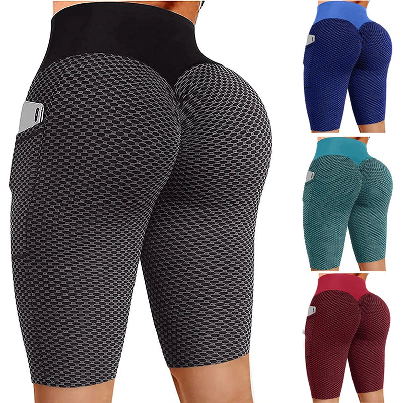 Summer Pocket Yoga Shorts Women Sexy Buttock Lifting Honeycomb Jacquard Fitness Leggings Stretch Sports Running Short Pants