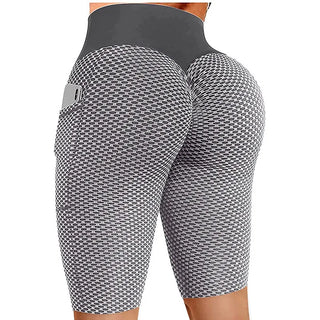 Summer Pocket Yoga Shorts Women Sexy Buttock Lifting Honeycomb Jacquard Fitness Leggings Stretch Sports Running Short Pants