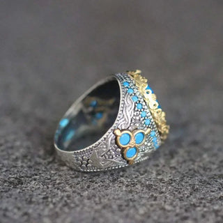 Exquisite Round Inlaid Blue Stone Sky Blue Zircon Rings Fashion Metal Two Tone Engagement Wedding Rings for Women Men Jewelry