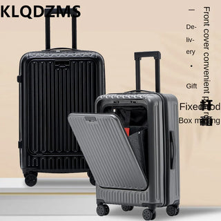 KLQDZMS 20 24 26 Inch Front Zippered Suitcase Portable Standing Trolley Cup Holder USB Charging Port Travel Boarding Luggage