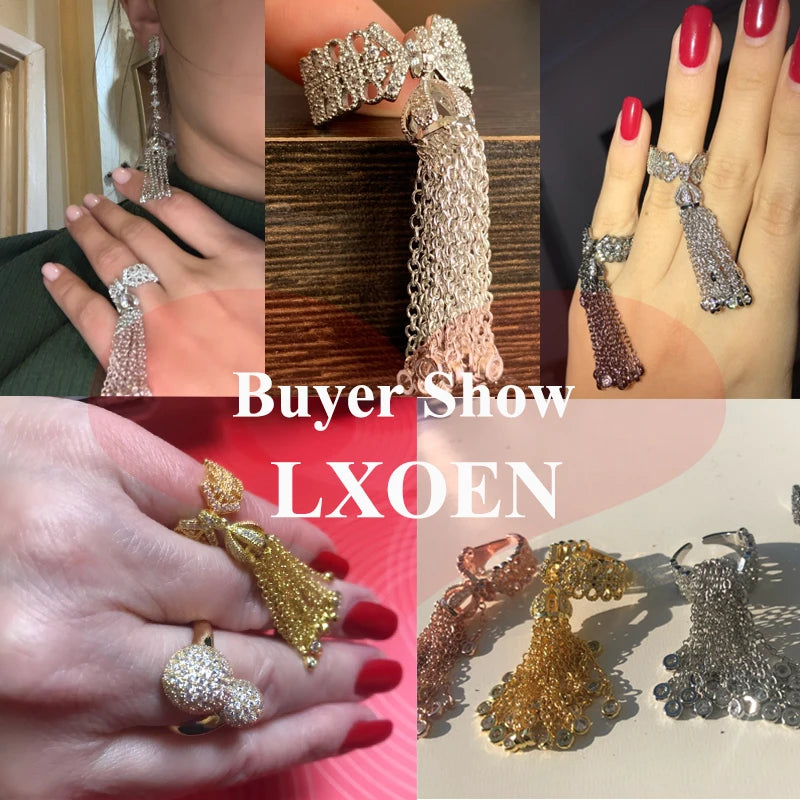 LXOEN Luxury Party Famous Brand Tassel Rings For Women Inlay Cubic Zirconia Adjustable Crown Ring Famous Brand Fashion bague