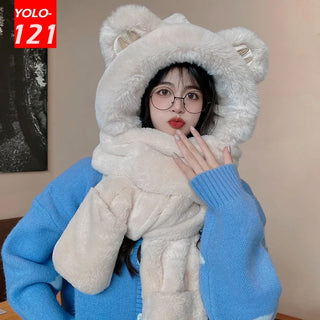 Natural Rabbit Fur Bear Ears Hat Women Winter Fashion Thickening Warm Plush Scarf Outdoor Skiing Integrated Hooded Scarf