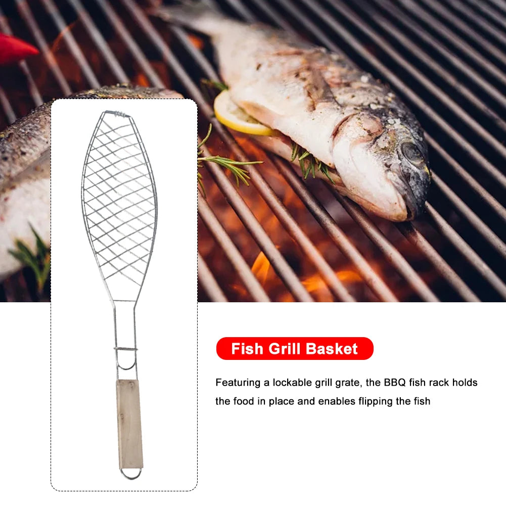 Barbecue Fish Grill Basket Stainless Steel Wired Grill with Wooden Handle BBQ Outdoor Kitchen Tools Portable Grilling Cookware