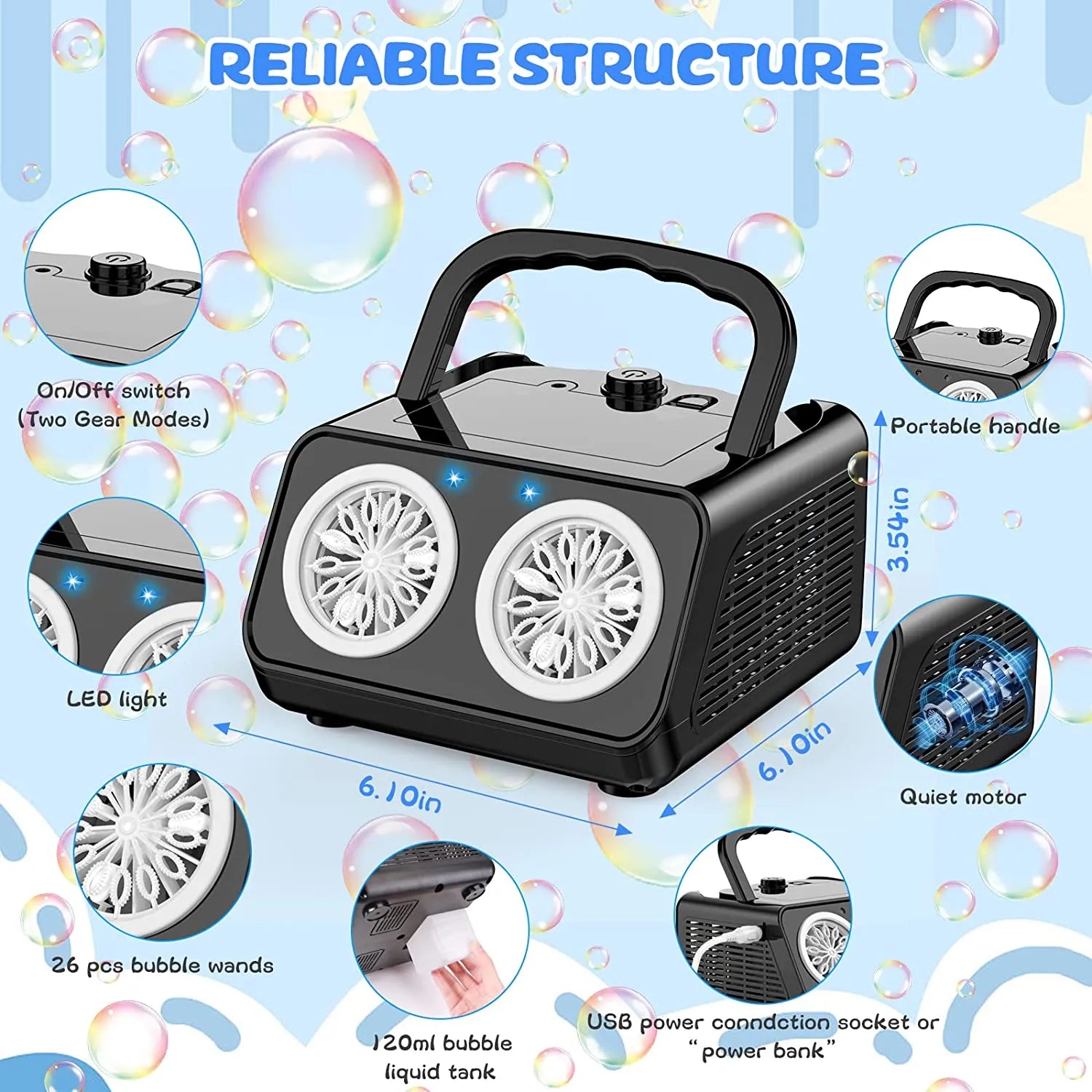 Automatic Bubble Machine Upgrade Bubble Blower with 2 Fans, 50000+ Bubbles Per Minute Bubbles for Kids Portable Bubble Maker