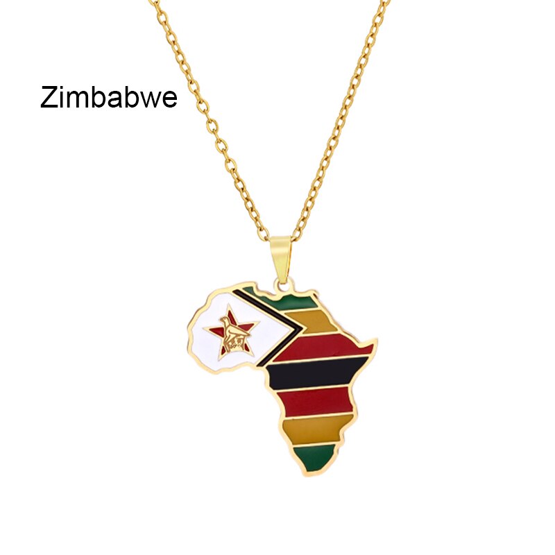 New Africa Map Flag Pendant Necklace Stainless Steel Gold For Men Women Rwanda Sudan Uganda Zimbabwe Zambia Ethnic Jewelry Gift