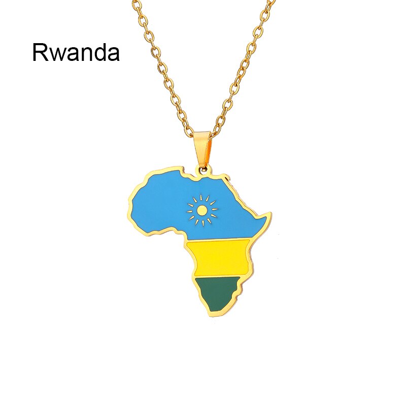 New Africa Map Flag Pendant Necklace Stainless Steel Gold For Men Women Rwanda Sudan Uganda Zimbabwe Zambia Ethnic Jewelry Gift