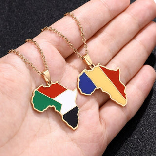 New Africa Map Flag Pendant Necklace Stainless Steel Gold For Men Women Rwanda Sudan Uganda Zimbabwe Zambia Ethnic Jewelry Gift