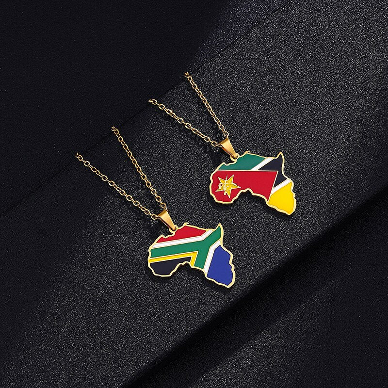 New Africa Map Flag Pendant Necklace Stainless Steel Gold For Men Women Rwanda Sudan Uganda Zimbabwe Zambia Ethnic Jewelry Gift