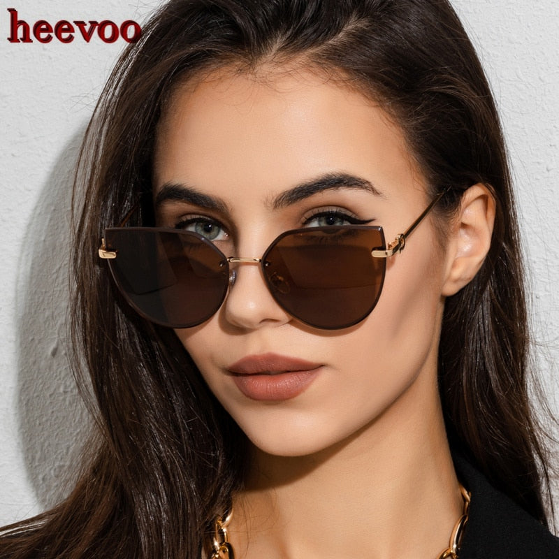 New Sunglasses Women Oversized Cat Eye Eyewear Brand Designer Cateye Gradient Brown Pink Rimless Sun Glasses for Female Gift