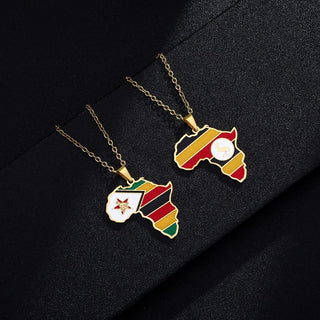 New Africa Map Flag Pendant Necklace Stainless Steel Gold For Men Women Rwanda Sudan Uganda Zimbabwe Zambia Ethnic Jewelry Gift