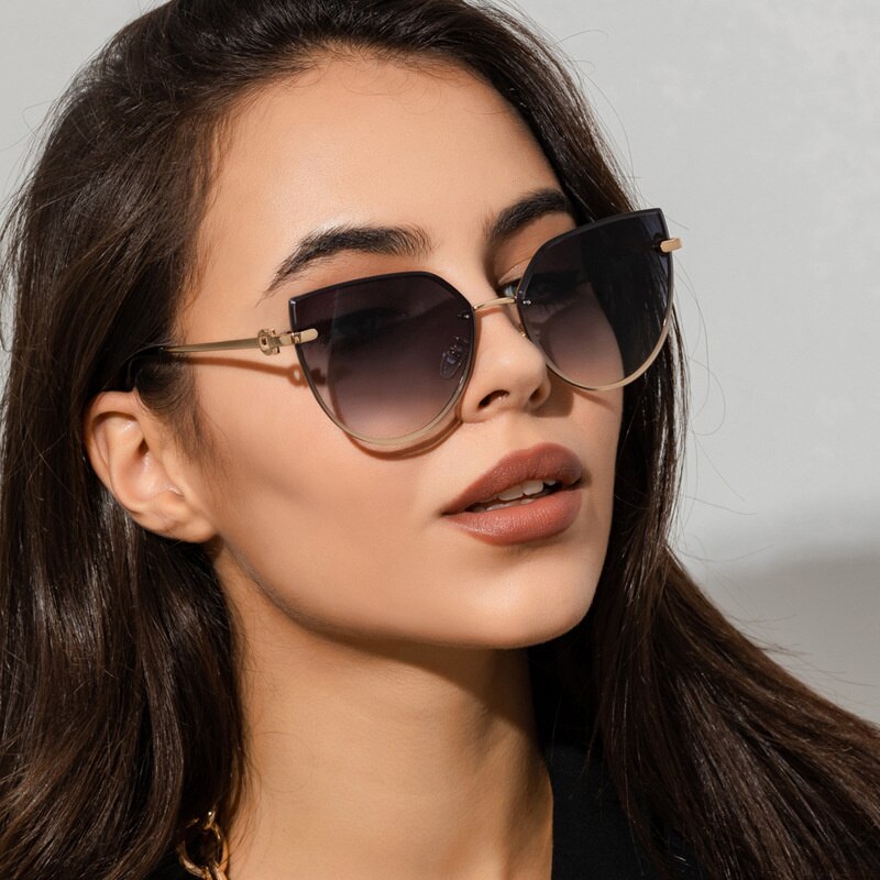 New Sunglasses Women Oversized Cat Eye Eyewear Brand Designer Cateye Gradient Brown Pink Rimless Sun Glasses for Female Gift