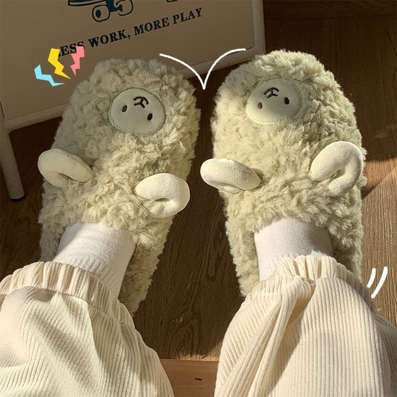 Cartoon Cute Cotton Slippers Autumn and Winter Indoor Home Couple Slippers Warm Faux Fur Slippers Girl Heart Cotton Shoes Winter