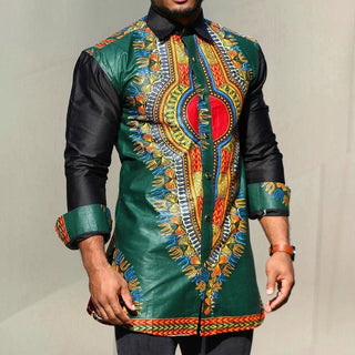 Mens Green African Dashiki Print Button Down Dress Shirts Slim Long Sleeve African Clothes Men African Traditional Shirt Outfit