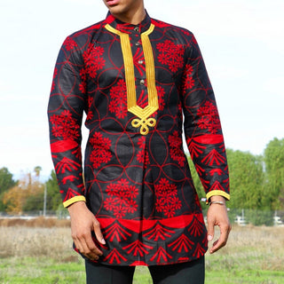 Red Floral Print African Clothes Men 2022 Fashion African Dashiki Dress Shirt Men Hip Hop Streetwear Traditional Outfit Camisas