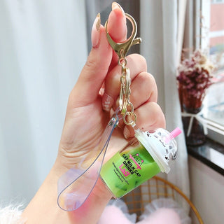 Cartoon Cute Cat Keychain Milk Tea Cup Liquid Quicksand Sequin Key Ring Charm