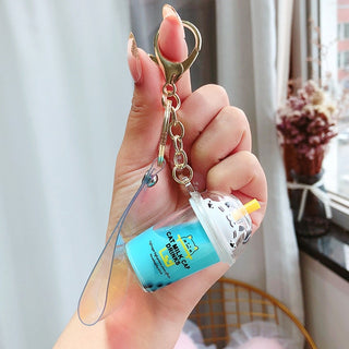 Cartoon Cute Cat Keychain Milk Tea Cup Liquid Quicksand Sequin Key Ring Charm