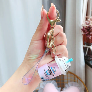 Cartoon Cute Cat Keychain Milk Tea Cup Liquid Quicksand Sequin Key Ring Charm