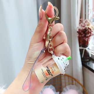 Cartoon Cute Cat Keychain Milk Tea Cup Liquid Quicksand Sequin Key Ring Charm