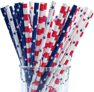 American Flag Red White Blue Paper Straw Combo, 3 Designs - 100% Biodegradable - 7.75 Inches - 4th of July