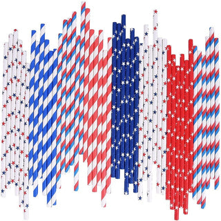 American Flag Red White Blue Paper Straw Combo, 3 Designs - 100% Biodegradable - 7.75 Inches - 4th of July