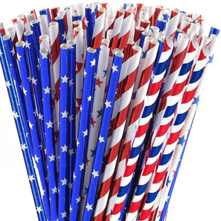 American Flag Red White Blue Paper Straw Combo, 3 Designs - 100% Biodegradable - 7.75 Inches - 4th of July